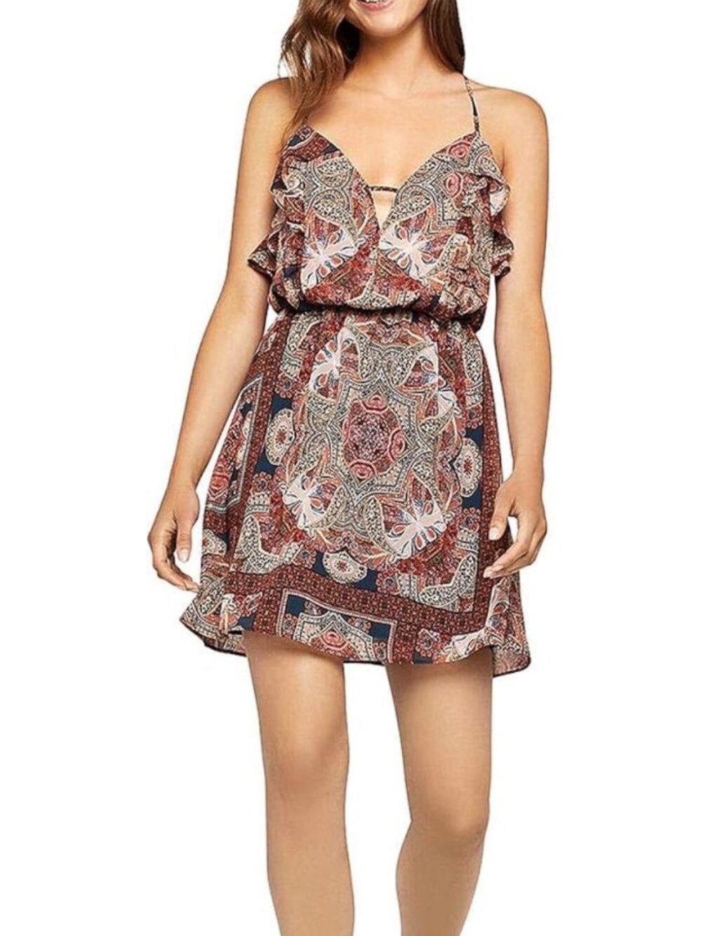 BCBG Generation Brown Paisley Mini Dress Medium Flowy Ruffle Sleeves Festival